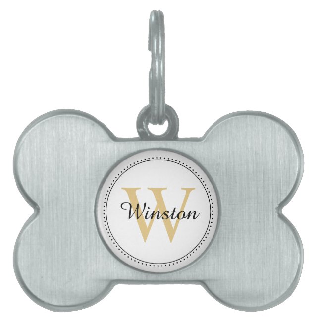 Placa Para Mascotas Personalizado Mascota Nombre Monograma dorado Blan (Frente)