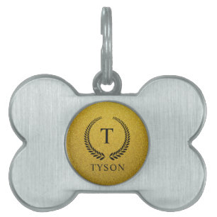 Placa Para Mascotas Personalizado Monograma Negro y Dorado con Brillo