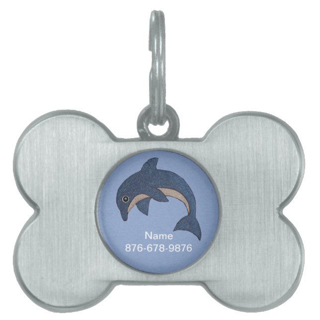 Placa Para Mascotas Personalizado Saltando Delfín Oscuro Azul Ojo De N (Frente)