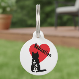 Placa Para Mascotas Pet Tag - Black Cat, Red Heart, Flowers