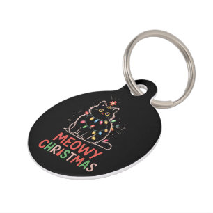 Placa Para Mascotas Pijama de gato negro con luces de Navidad Meowy Ch