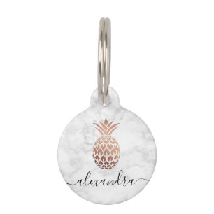 Placa Para Mascotas Piña elegante de cobre rosa dorado de mármol bla