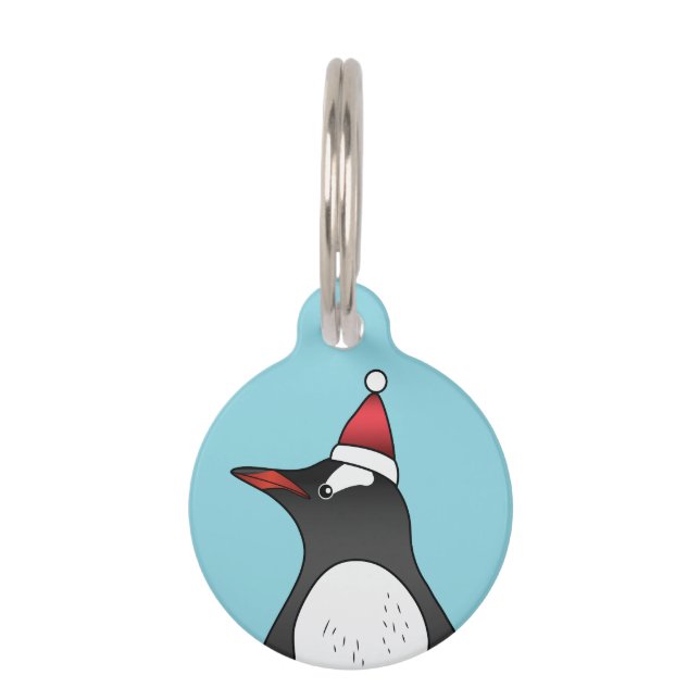Placa Para Mascotas Pingüino De Gentoo Con Un Sombrero Santa En Azul (Anverso)