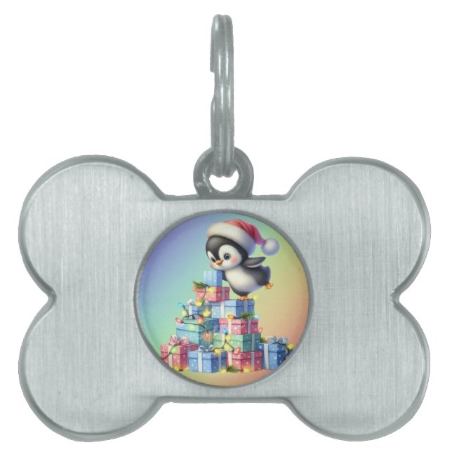 Placa Para Mascotas Pingüino Navidad con regalo y tarjeta de luz (Frente)