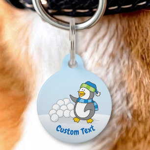 Placa Para Mascotas Pinguino Pequeño con Bolas de Nieve Saludando