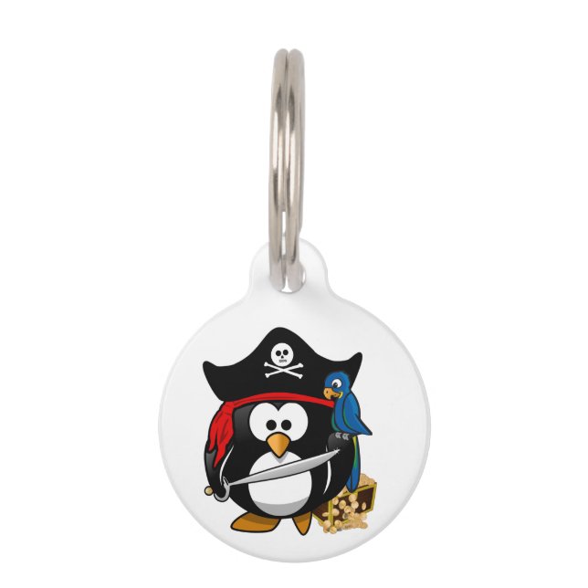 Placa Para Mascotas Pingüino pirata lindo con loro (Anverso)