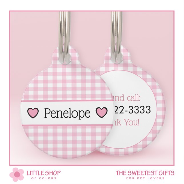 Placa Para Mascotas Pink Gingham Hearts Personalizados (Subido por el creador)