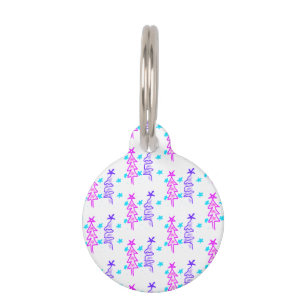 Placa Para Mascotas Pink Purple doodle christmas de árbol estrellas de