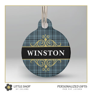 Placa Para Mascotas Plaid Dorado Negro Personalizado