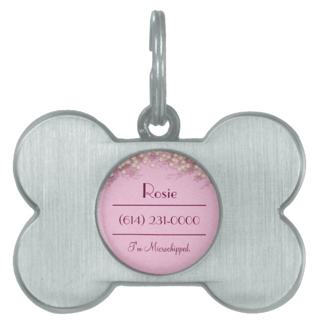 Placa Para Mascotas Plata personalizada con floral rosada (Frente)
