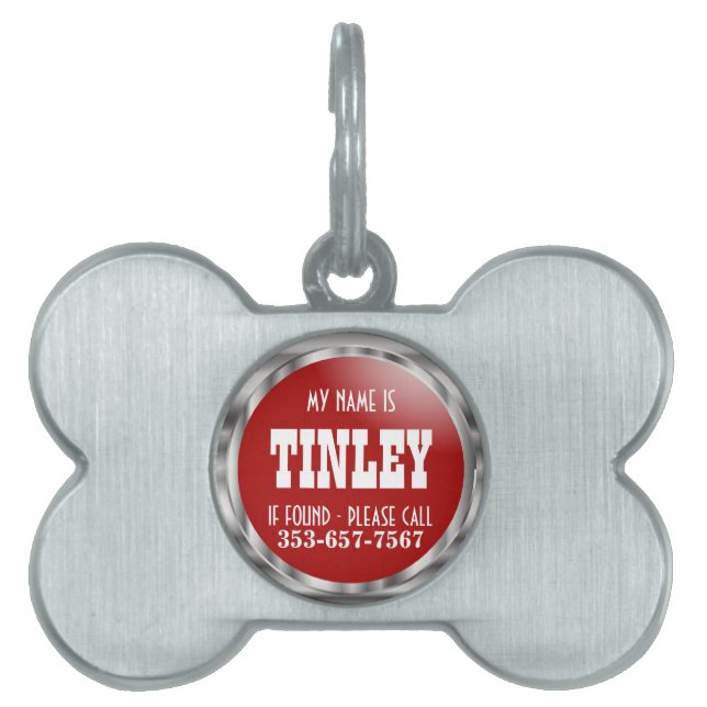 Placa Para Mascotas Plata y rojo profundo | Nombre DIY (Frente)