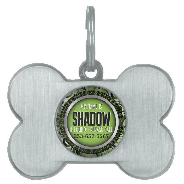 Placa Para Mascotas Plata y verde limón | Personalizar (Frente)