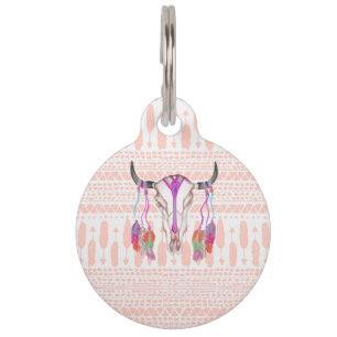 Placa Para Mascotas Plumas del cráneo de Bull de la acuarela y Azteca