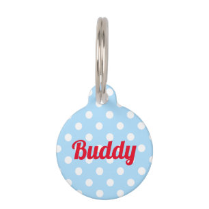 Placa Para Mascotas Polka azul retro Dog Perro Pup Cat Kitty Name Cute