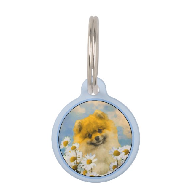 Placa Para Mascotas Pomerania en pintura de Daisies - Arte de perro or (Anverso)
