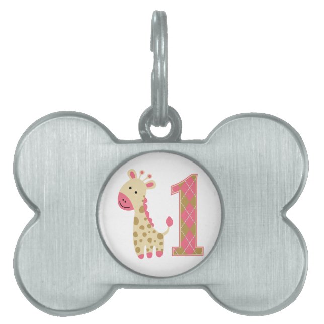 Placa Para Mascotas Primer cumpleaños de la jirafa rosa (Frente)