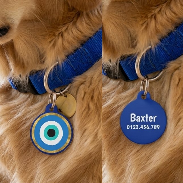 Placa Para Mascotas Protective Blue Evil Eye Nazar Gold Geometric Pet (Protective Blue Evil Eye Nazar Gold Geometric Pet ID Tag)