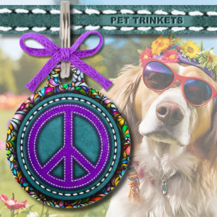 Placa Para Mascotas Psicodelia Paz de Cuero Púrpura Azul