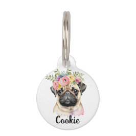 Placa Para Mascotas PUG Dog acuarela Flor Redondo Etiqueta de mascota