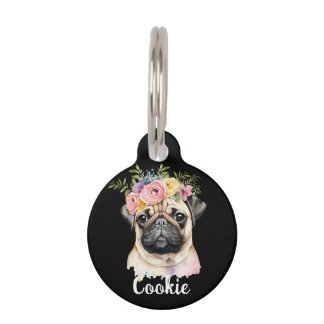 Placa Para Mascotas PUG Dog acuarela Flor Redondo Etiqueta de mascota