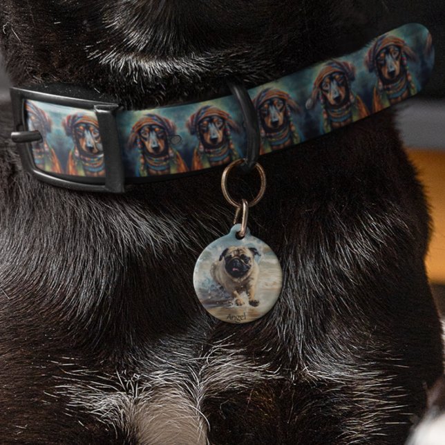 Placa Para Mascotas Pug Feliz en la Playa personalizable (Subido por el creador)