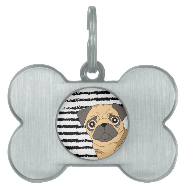 Placa Para Mascotas Pug patrón negro blanco (Frente)