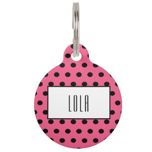 Placa Para Mascotas Punto de polka negro y rosa caliente