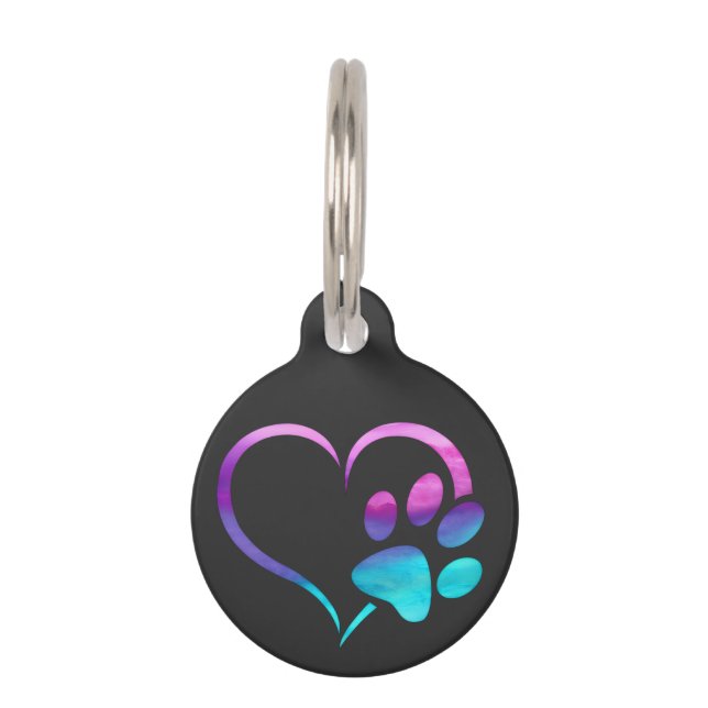 Placa Para Mascotas Purple Cyan Dog paw Print Heart  (Anverso)