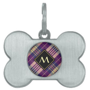 Placa Para Mascotas Púrpura, dorada y azul Tartán