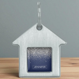 Placa Para Mascotas Purpurina azul de la Marina Plata Monograma Girly