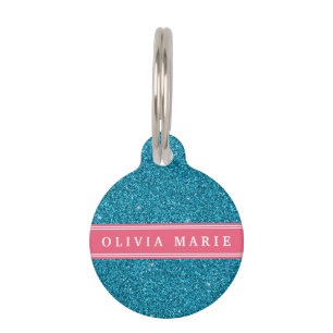 Placa Para Mascotas Purpurina azul (falso) Nombre personalizado rosa