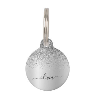 Placa Para Mascotas Purpurina de Monograma Plateado Sparkle Girly Scri