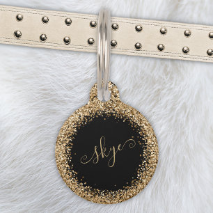 Placa Para Mascotas Purpurina dorado Glam Monograma Nombre