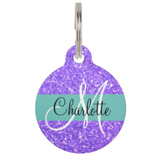 Placa Para Mascotas Purpurina espumoso verde azulado morado monogramad