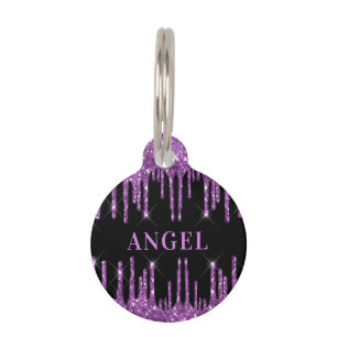 Placa Para Mascotas Purpurina morado negro gotea monograma perro
