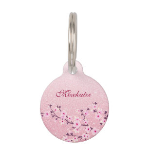 Placa Para Mascotas Purpurina rosa de flores de cerezo personalizado