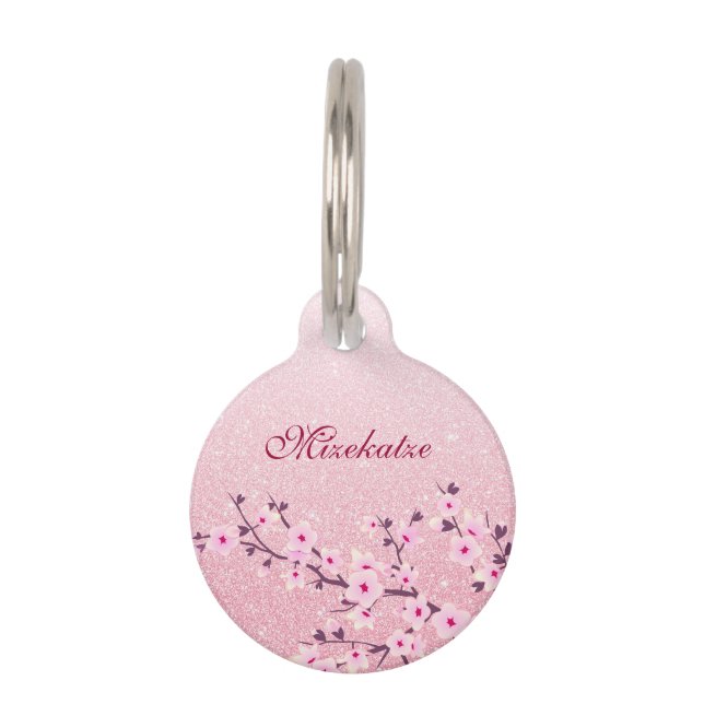 Placa Para Mascotas Purpurina rosa de flores de cerezo  personalizado  (Anverso)