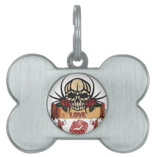 Placa Para Mascotas RAB Rockabilly Skull Rosas Aman Lipstick