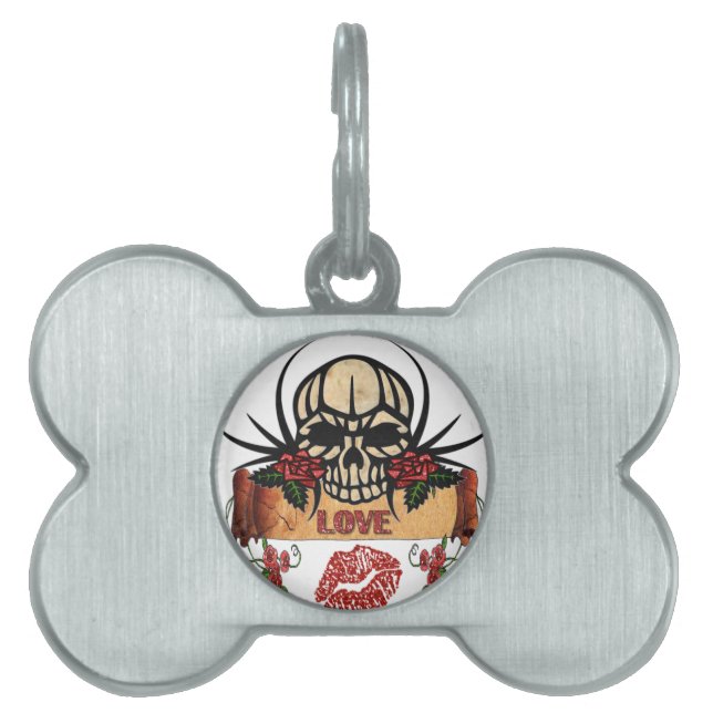 Placa Para Mascotas RAB Rockabilly Skull Rosas Aman Lipstick (Frente)
