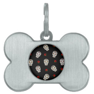 Placa Para Mascotas RAB Rockabilly Sugar Skulls Rosas en negro