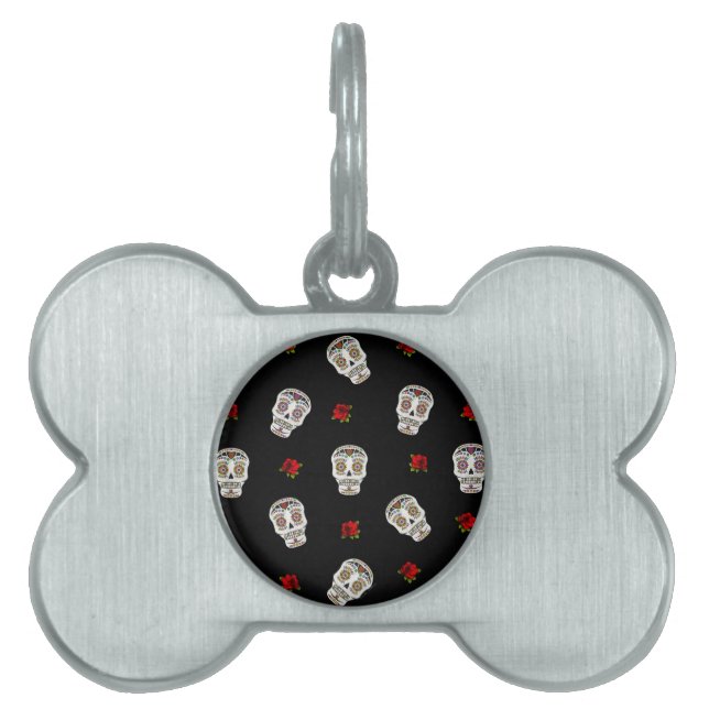 Placa Para Mascotas RAB Rockabilly Sugar Skulls Rosas en negro (Frente)