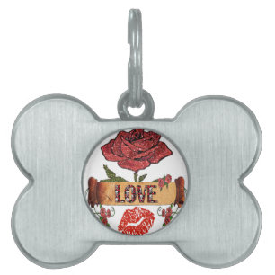 Placa Para Mascotas RAB Rockabilly Valentine Rosas, Love & Lipstick