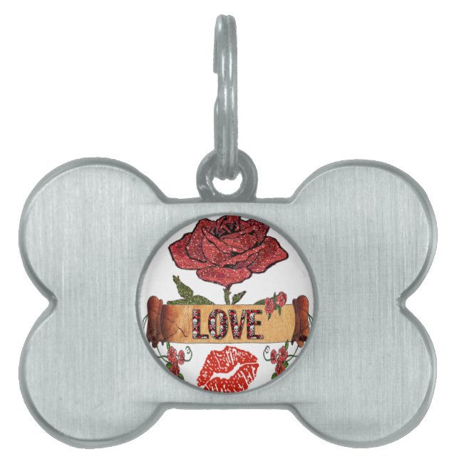 Placa Para Mascotas RAB Rockabilly Valentine Rosas, Love & Lipstick (Frente)