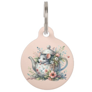 Placa Para Mascotas Ratón lindo en tetera de Ilustracion floral de tet