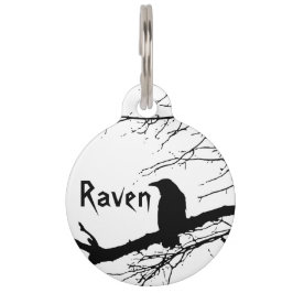 Placa Para Mascotas Raven en el árbol blanco y negro