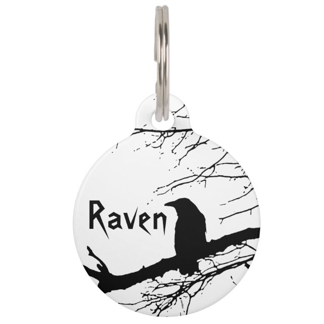 Placa Para Mascotas Raven en el árbol blanco y negro  (Anverso)