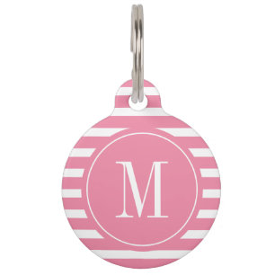 Placa Para Mascotas Raya moderna rosa caliente y blanca con monograma 
