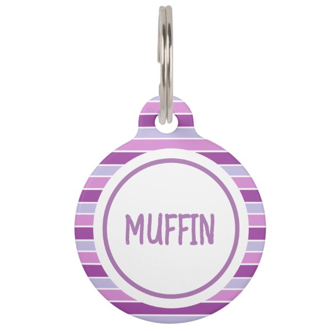 Placa Para Mascotas Rayas Moradas Personalizadas (Anverso)