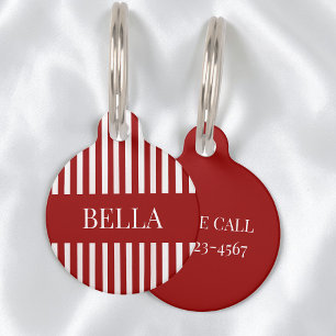 Placa Para Mascotas Rayas Rojas Modernas Nombre Personalizado Chic Fem