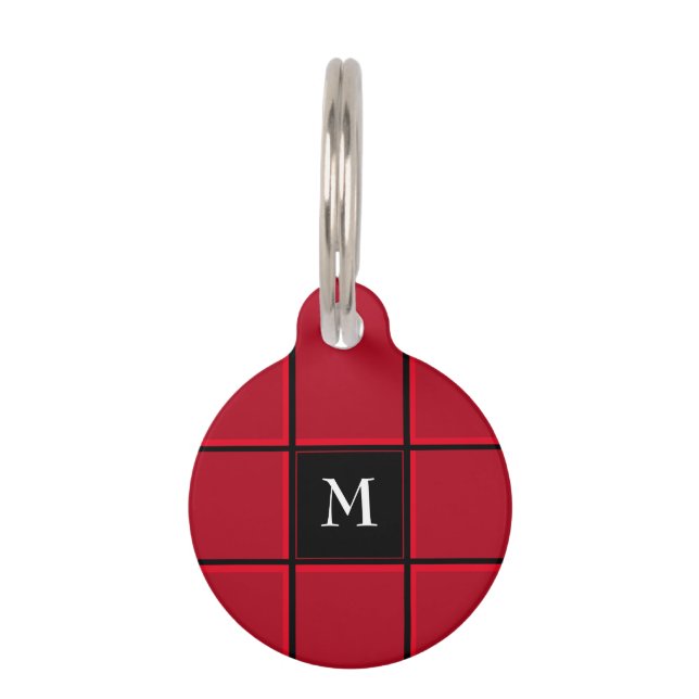 Placa Para Mascotas Rayas rojas y negras Monograma simple (Anverso)